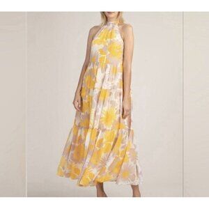 Trina Turk Tiered Full Length Sunglasses Halter Dress Size 8 Yellow Brown Maxi